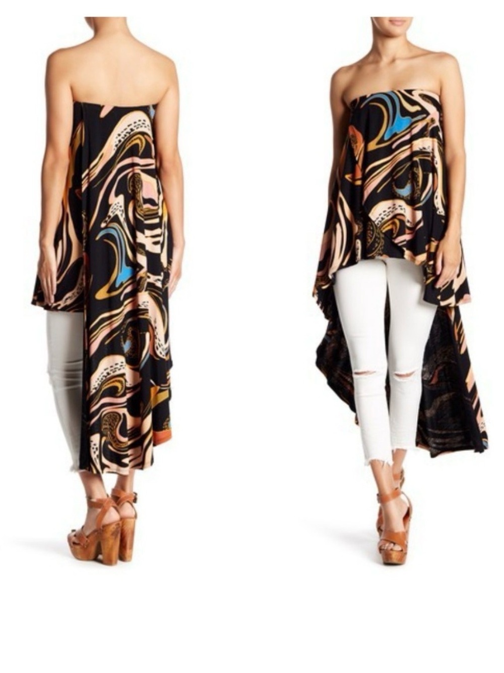We The Free Black Strapless High-Low Tunic with Multicolor Swirl